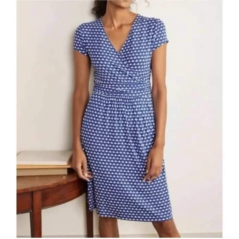 Boden Lola Jersey Knit Faux Wrap Dress Blue White Print Womens 16 / 18